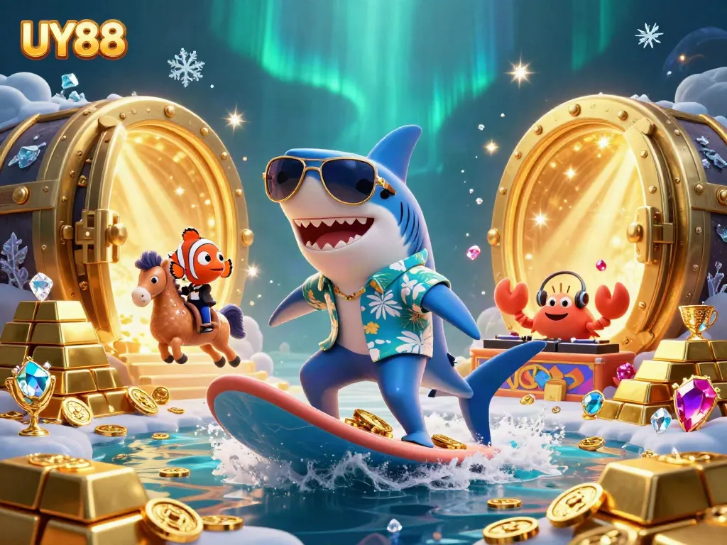 Experience exhilarating gaming at UY88 with a vibrant 3D casino scene featuring lively aquatic characters.