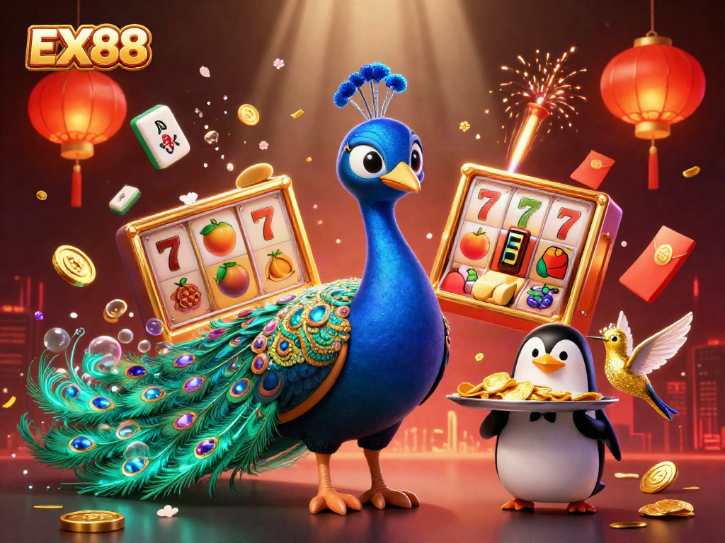 Experience the excitement of EX88 casino games with vibrant symbols and lively characters.