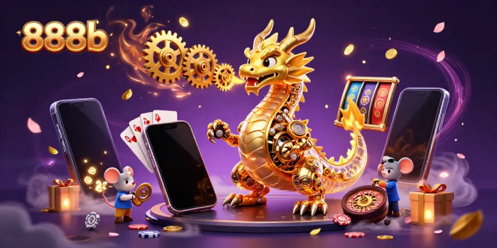 Play thrilling games with 888b, featuring a golden dragon amidst vibrant casino elements.