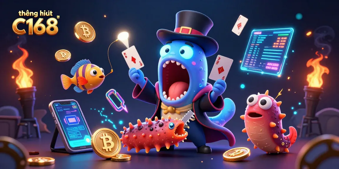 Experience thrilling card tricks and magic in this vibrant scene celebrating thương hiệu C168 with unique sea creatures.