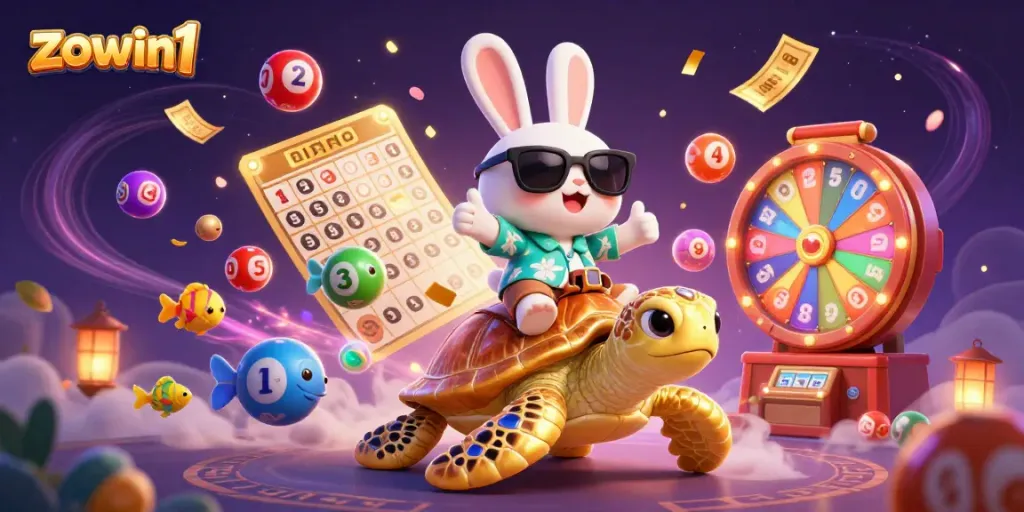 Engage in exciting wins at zowin1 with a vibrant casino scene featuring a lucky rabbit and golden turtle.