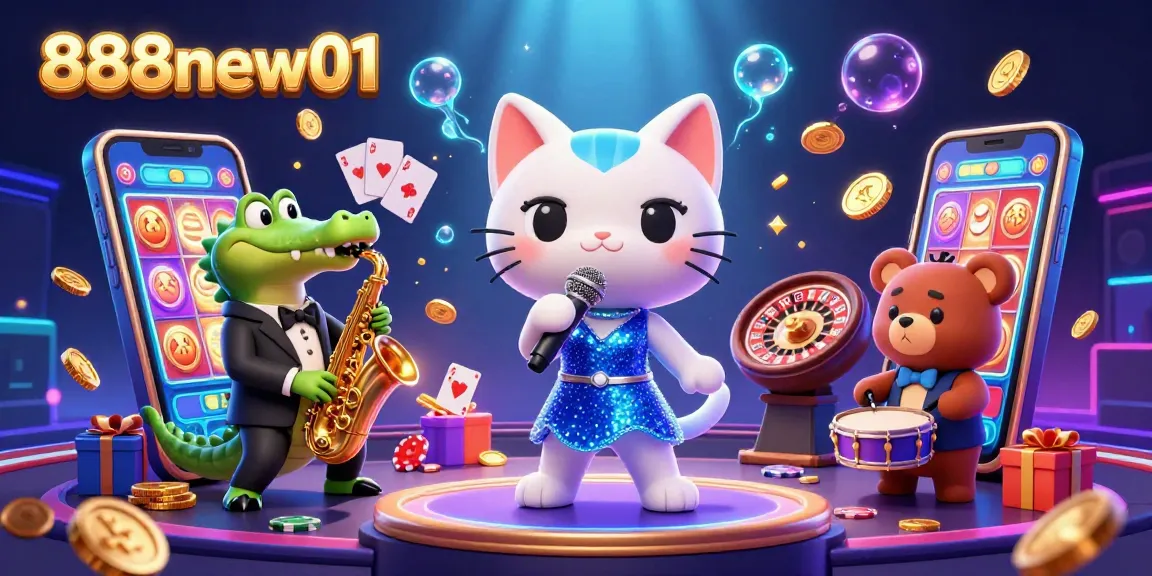 Engage in thrilling gameplay at 888new01 with colorful slot games and charismatic characters on stage.