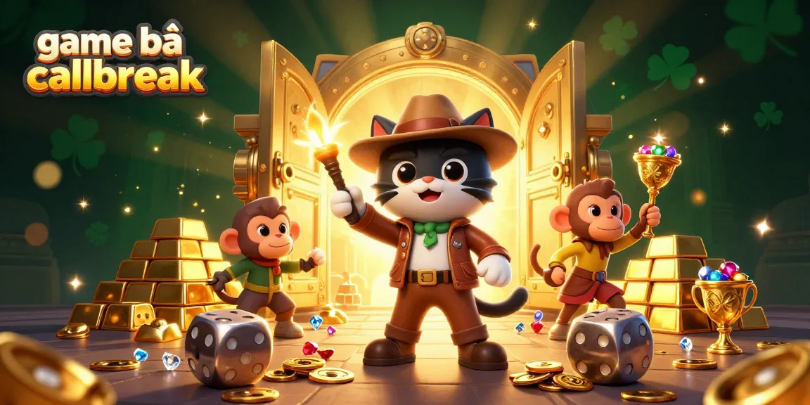 Engage in game bài callbreak with a thrilling visualization of an explorer cat and monkey in a vibrant casino scene.