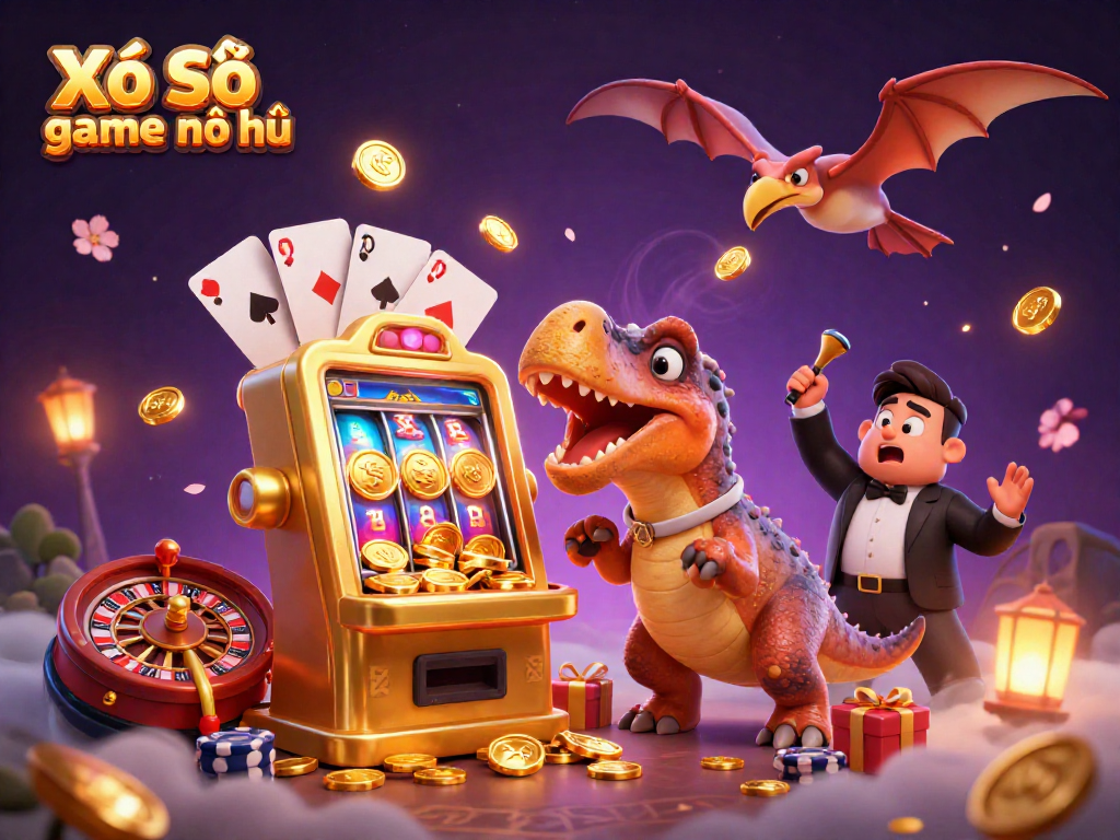 Spin the Xổ Số game nổ hũ jackpot with a dinosaur showdown in a vibrant casino scene.