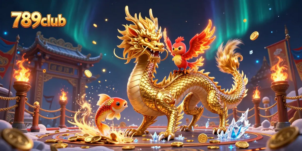 Play thrilling games at 789club with a fierce dragon, phoenix, and koi in vibrant casino art.