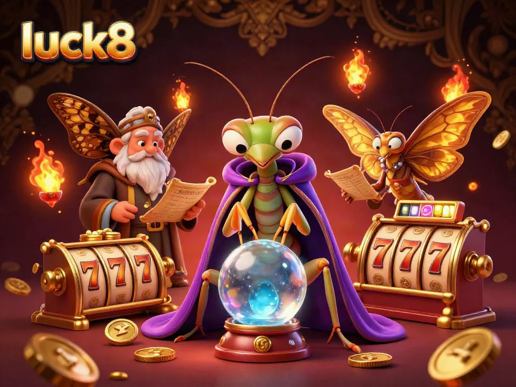 Engage with luck8 by spinning the magical slot reels and witnessing fortune unfold in this vibrant casino illustration.