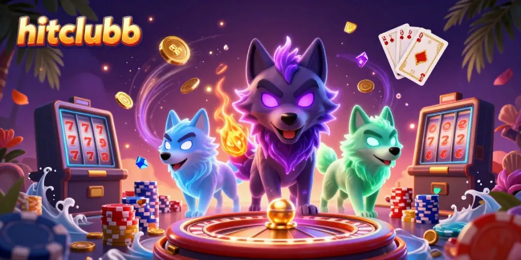 Experience thrilling gameplay with hitclubb as glowing wolves lead cascades of coins and spinning roulette.