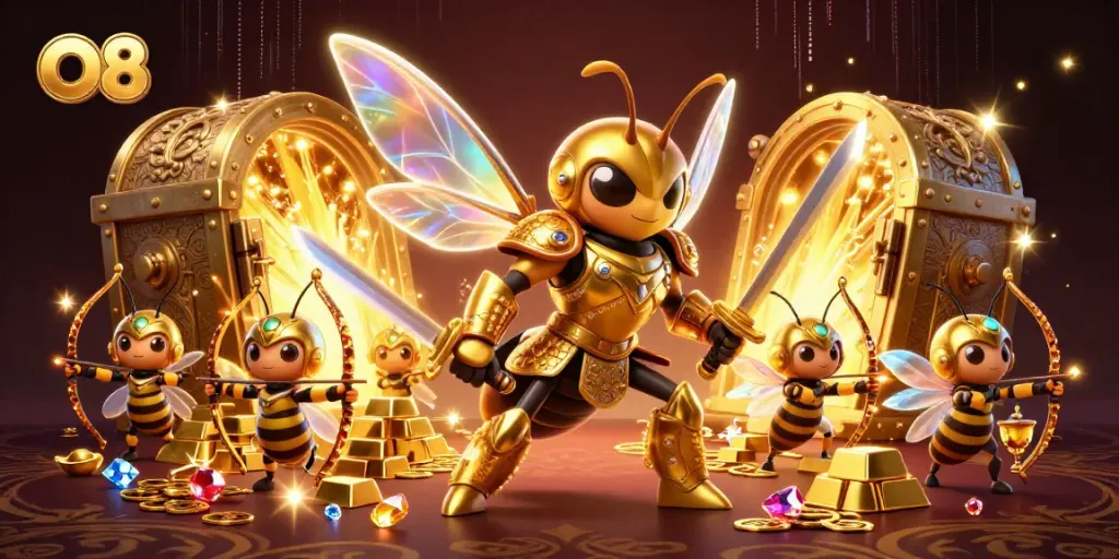 Experience thrilling gaming at O8's epic slot games and vibrant treasures in this dynamic scene.