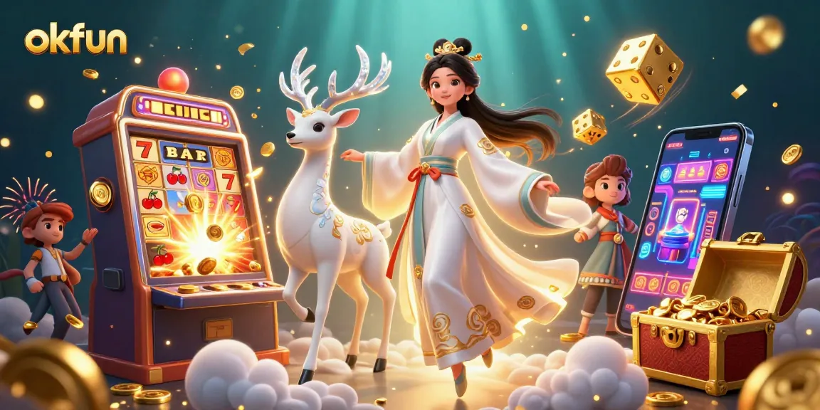 Spin the reels with okfun's vibrant casino illustration featuring dynamic game elements.