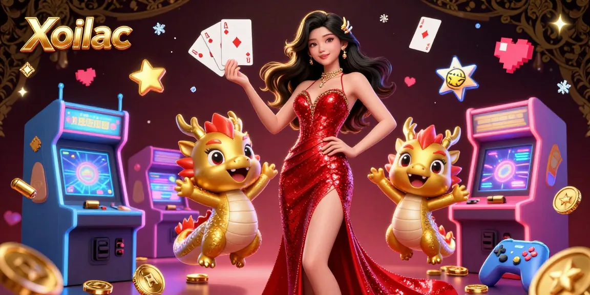 Xoilac features a stunning casino scene with a glamorous woman and a golden dragon amidst dynamic gaming elements.