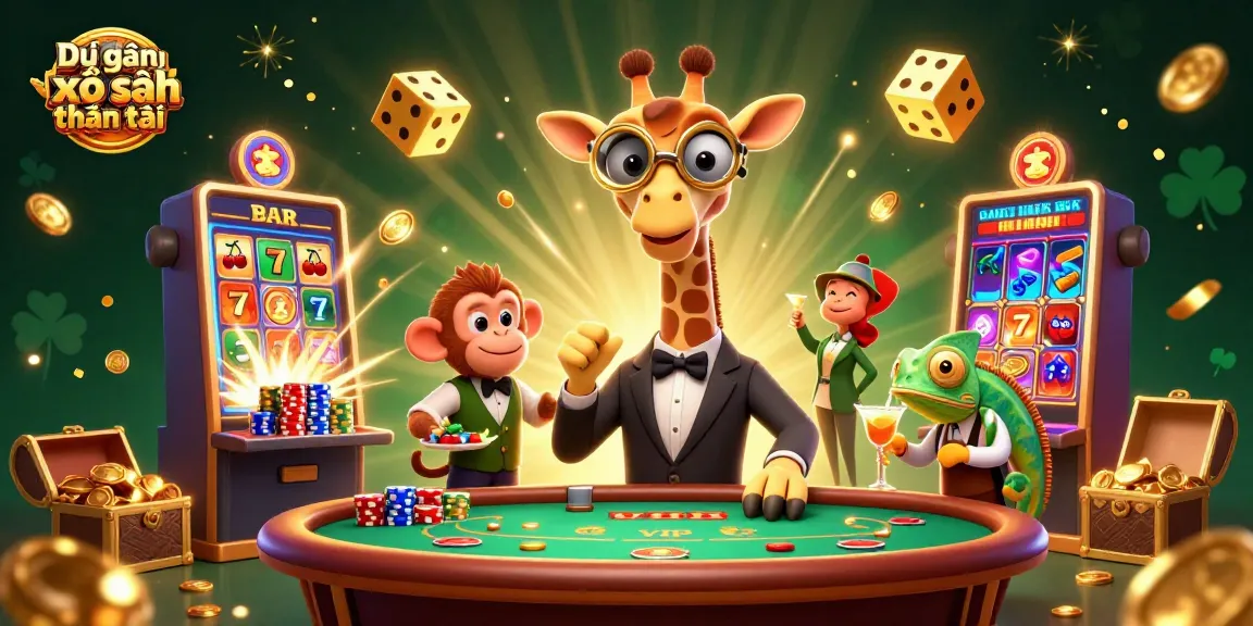 Dự đoán xổ số thần tài illustrates a vibrant, action-packed casino scene with a playful giraffe, monkey, and chameleon.