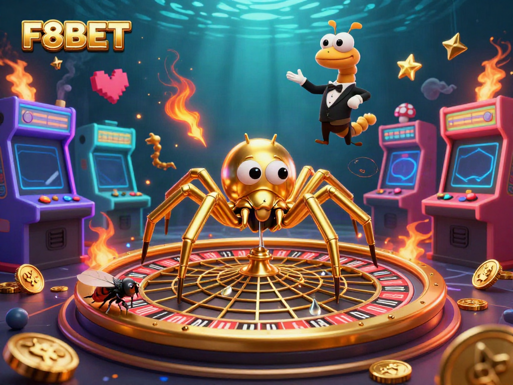 F8BET's dynamic casino scene with a golden spider and a centipede croupier in a vibrant 3D illustration.