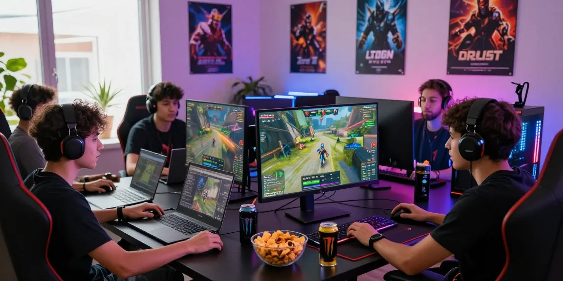 Exciting gaming session with friends engaging online at 78win, surrounded by vibrant decor and high-tech gear.