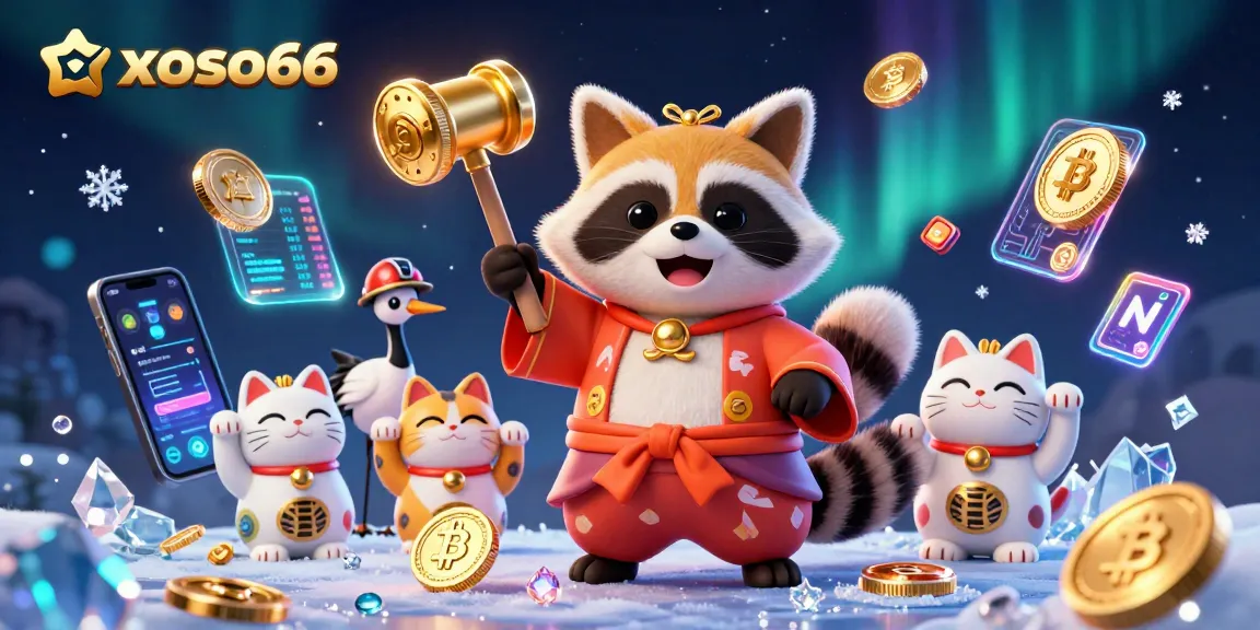Xoso66 cartoon raccoon and samurai crane celebrate with colorful lucky cats in a vibrant casino scene.
