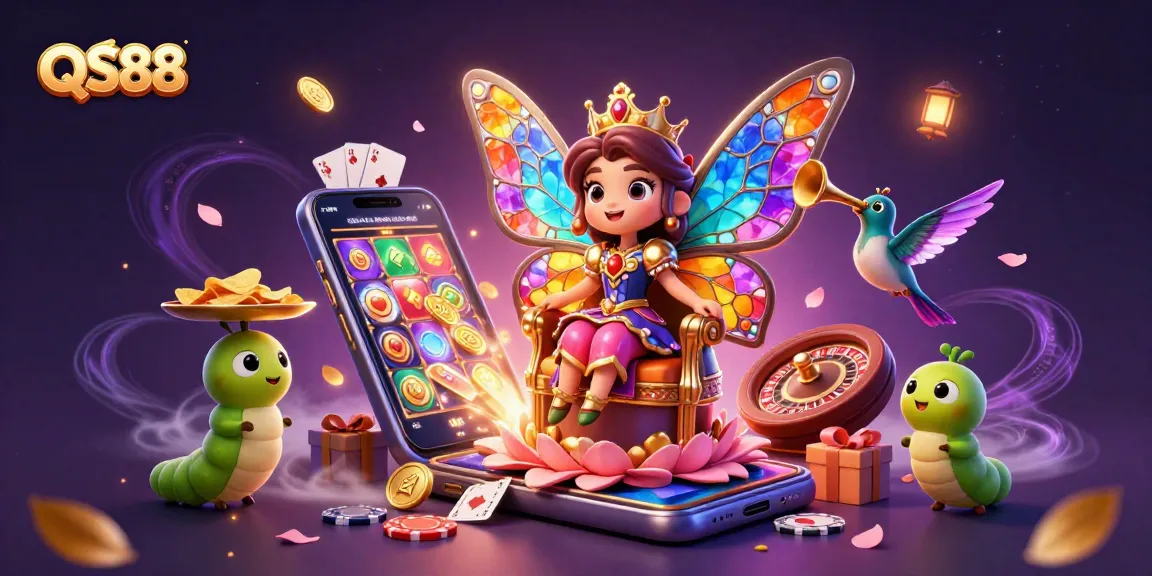 Engage with the exciting world of QS88, portrayed in vibrant 3D with colorful slot games and dynamic casino elements.