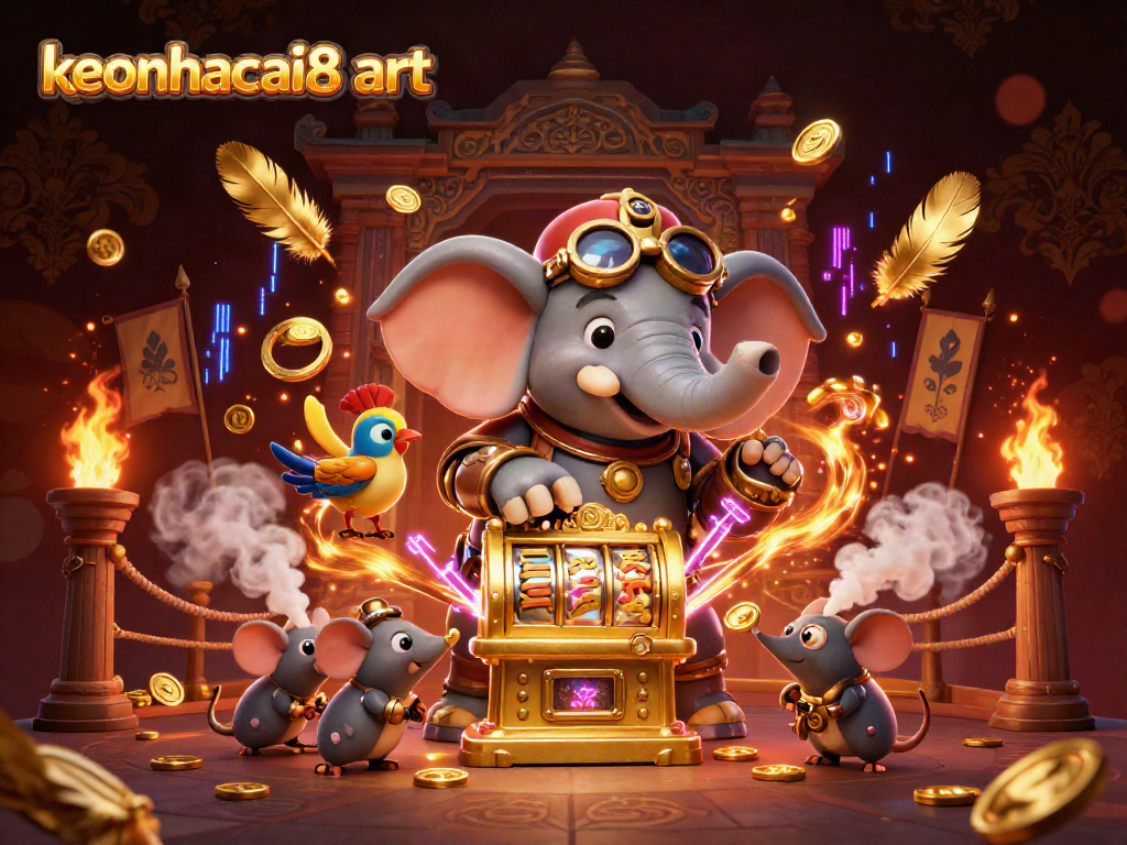 Spin the golden slot machine in vibrant keonhacai8 art enriched with steampunk elements and gold tokens.