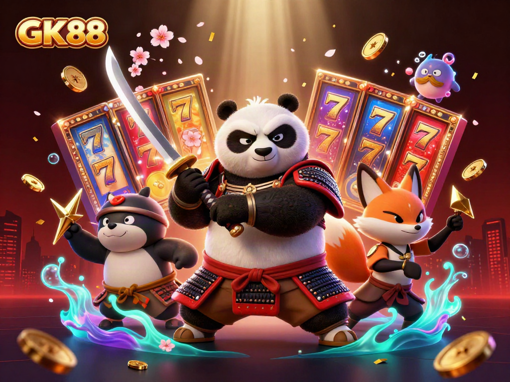 Engage with GK88 as a samurai panda and ninja fox bring casino vibes with slot reels and gold coins.