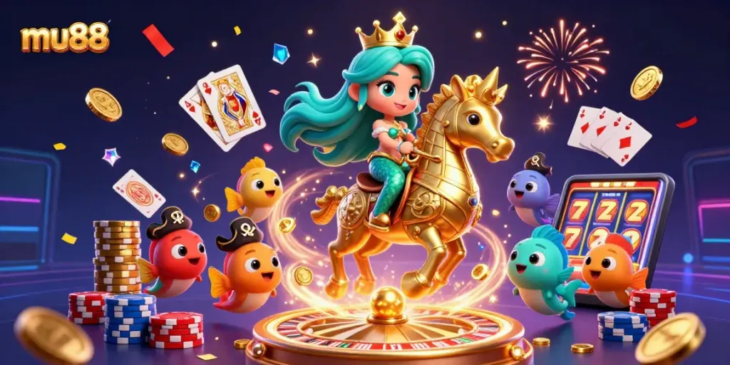 Win big at mu88 with a vibrant 3D illustration featuring casino elements and lively characters.