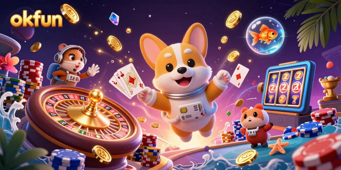 Experience the excitement of okfun in a vibrant casino universe with drifting golden coins and playful characters.