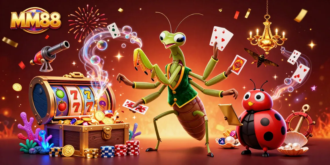 Experience the excitement of MM88 with a vibrant casino scene featuring a whimsical praying mantis dealer.