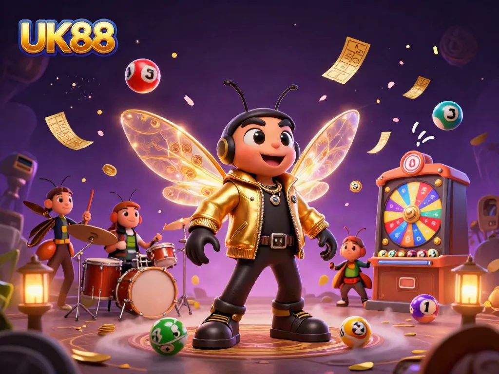 Engage with UK88's vibrant gaming experience featuring colorful lottery elements and a lively rock star scene.