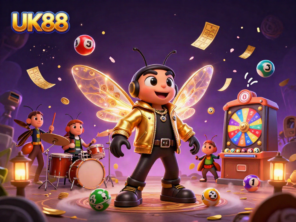 Engage with UK88's vibrant gaming experience featuring colorful lottery elements and a lively rock star scene.