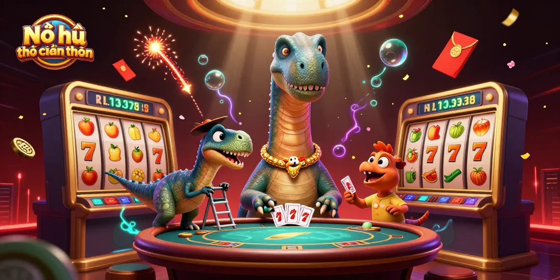 Nổ hũ thợ săn tiền thưởng showcases a whimsical casino scene with charming dinosaurs and vibrant slot machines.