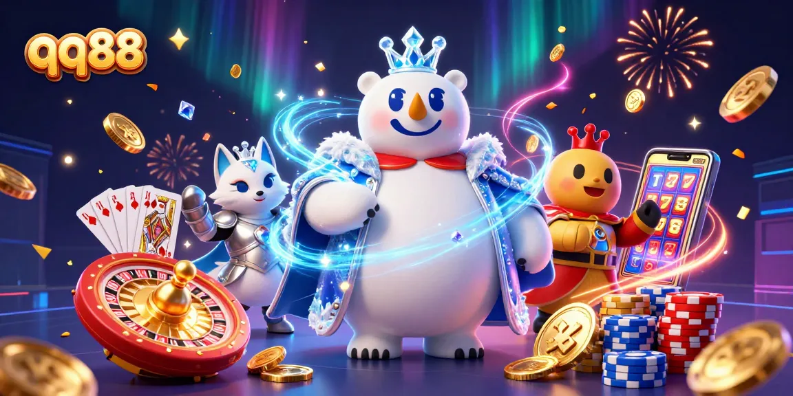 Experience thrilling wins with QQ88's vibrant 3D casino ambiance featuring polar bear and treasure elements.