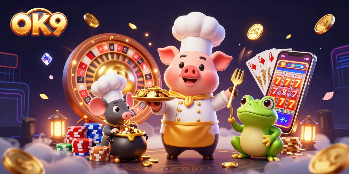 OK9 offers winning casino experiences with a vibrant 3D illustration of a gourmet gold feast.