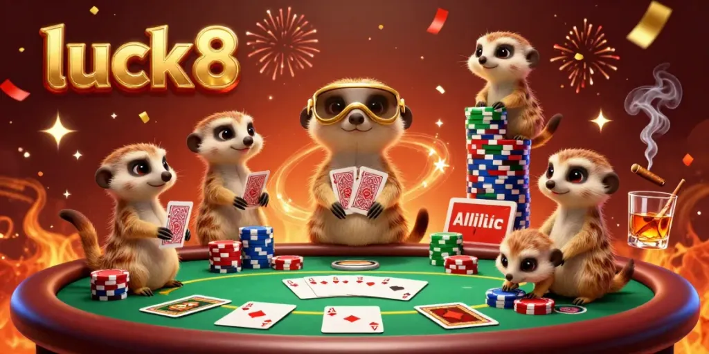 Experience excitement at luck8 casino with meerkats running a vibrant gaming scene featuring poker and colorful chips.