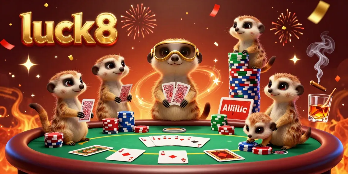 Experience excitement at luck8 casino with meerkats running a vibrant gaming scene featuring poker and colorful chips.