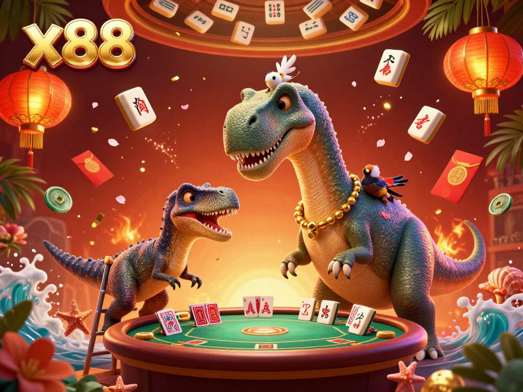 x88 casino scene with a giant brontosaurus interacting with a raptor dealer and floating game elements.