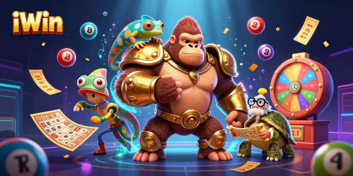Experience the thrill of iWin with vibrant colors, animated lottery elements, and a dynamic casino scene.