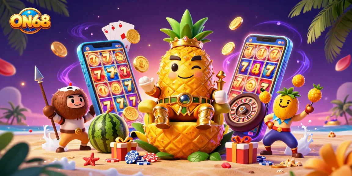 Win big with ON68’s vibrant casino scene featuring a golden pineapple king and exciting games.