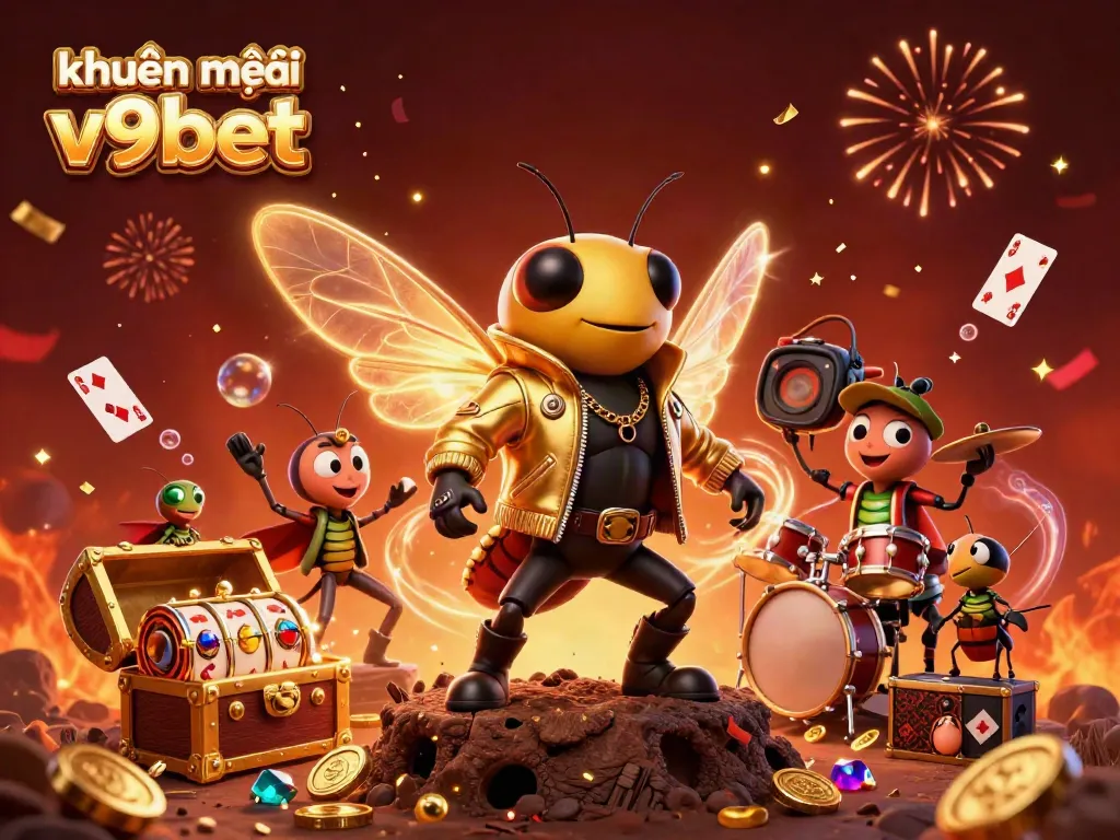 Engage with khuyến mãi v9bet through a vibrant 3D scene featuring a cicada rock star and buzzing casino elements.