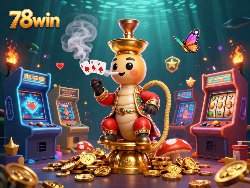 Engage with 78win in this vibrant 3D casino scene featuring a whimsical caterpillar with smoking poker symbols.