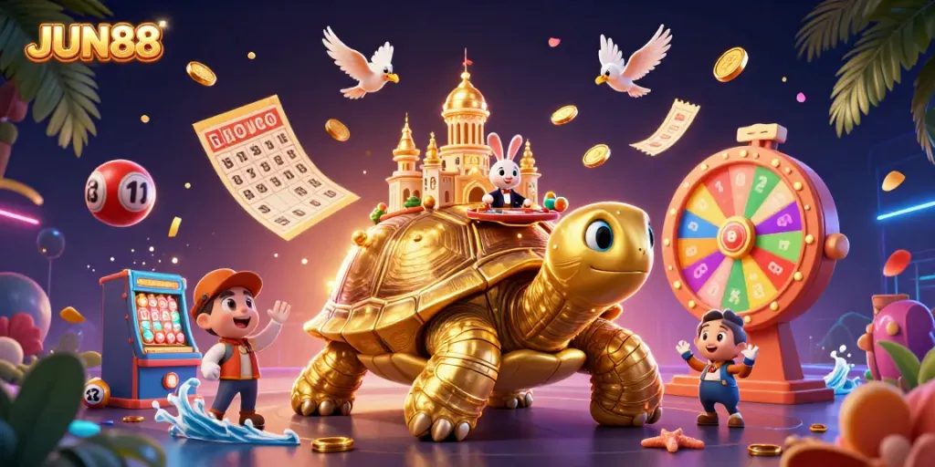 Engage with JUN88's thrilling casino world, featuring vibrant gaming elements and a captivating scene.