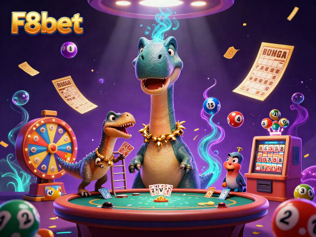 Experience thrilling gameplay at F8bet with a dynamic casino scene featuring colorful lottery elements and playful characters.