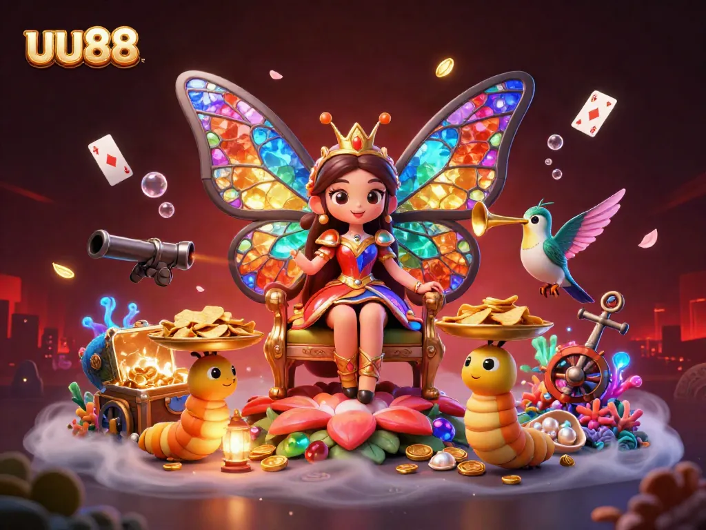 Experience the thrill of uu88 with vibrant characters and dynamic casino elements in this 3D illustration.