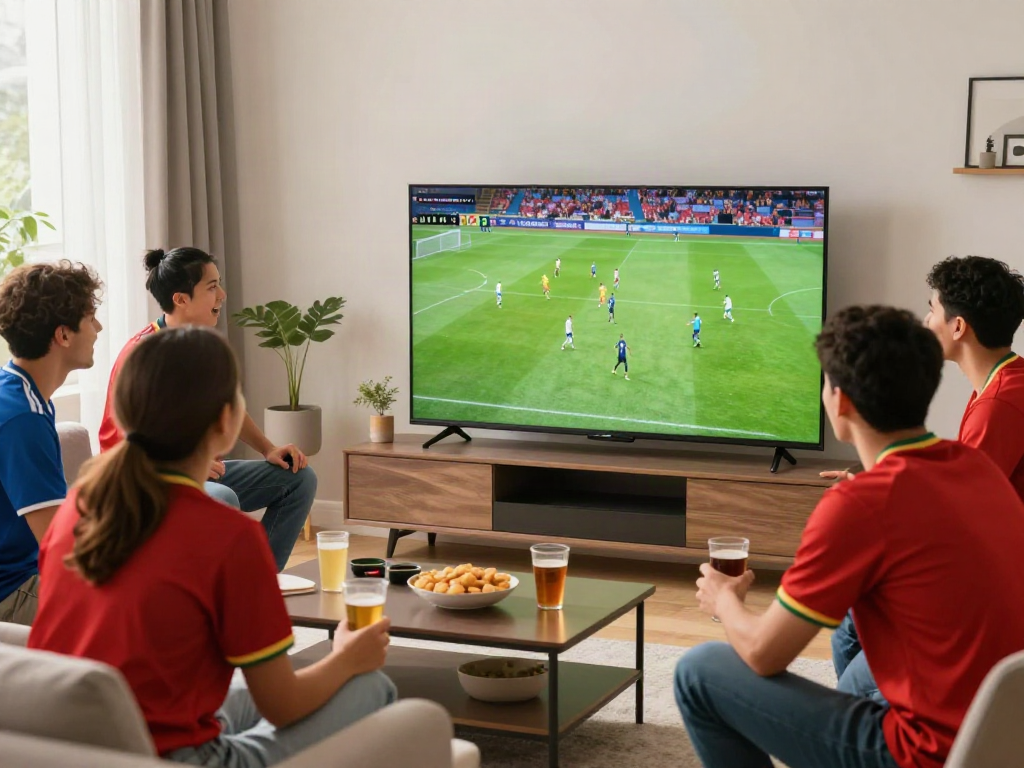 Friends enjoying a live football match on Thapcamtv with snacks and drinks.