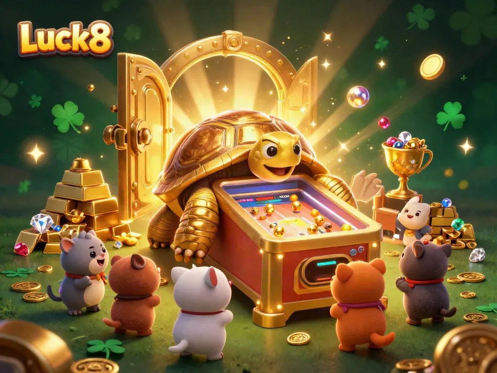 Experience thrilling gameplay at Luck8 with a colossal golden tortoise and treasure vault bursting with gems.