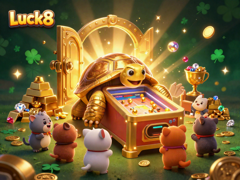 Experience thrilling gameplay at Luck8 with a colossal golden tortoise and treasure vault bursting with gems.