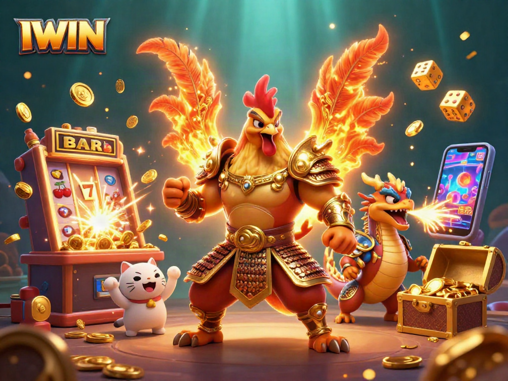 IWIN players celebrate with a golden jackpot explosion from a slot machine amidst thrilling casino action.