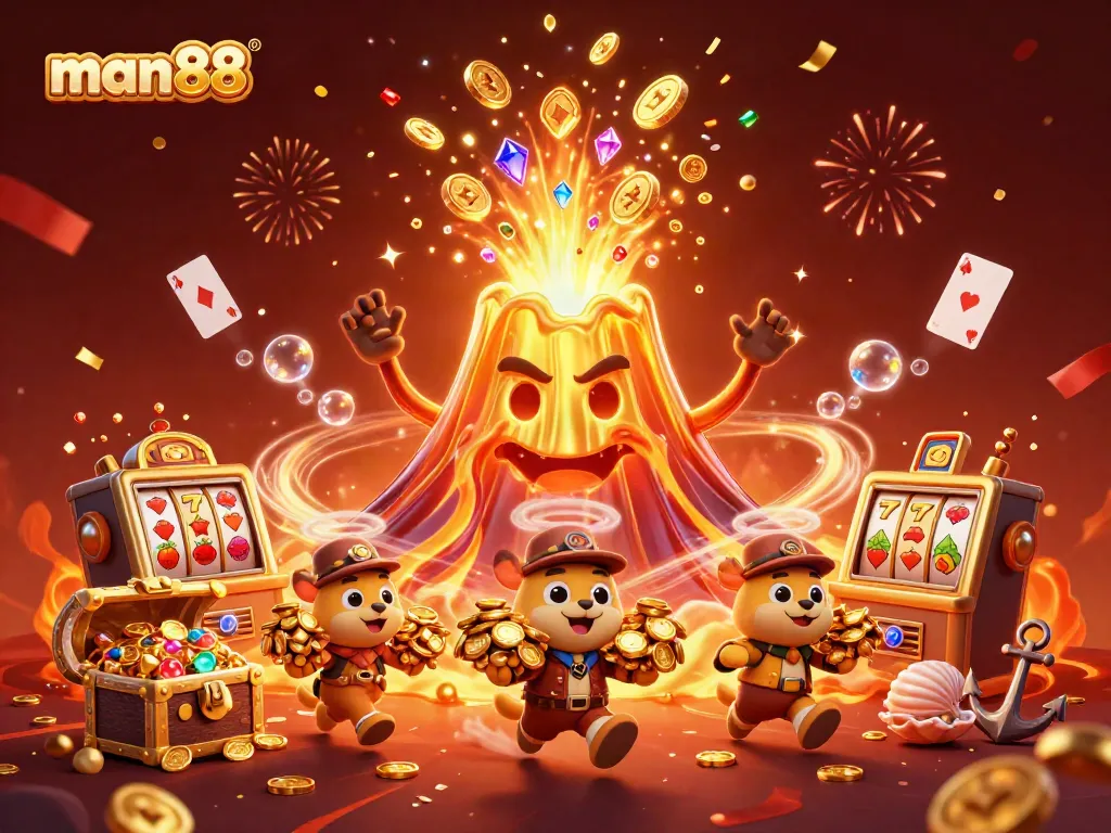 Discover thrilling winnings with man88 at a vibrant, dynamic casino scene featuring a golden volcano and treasure.