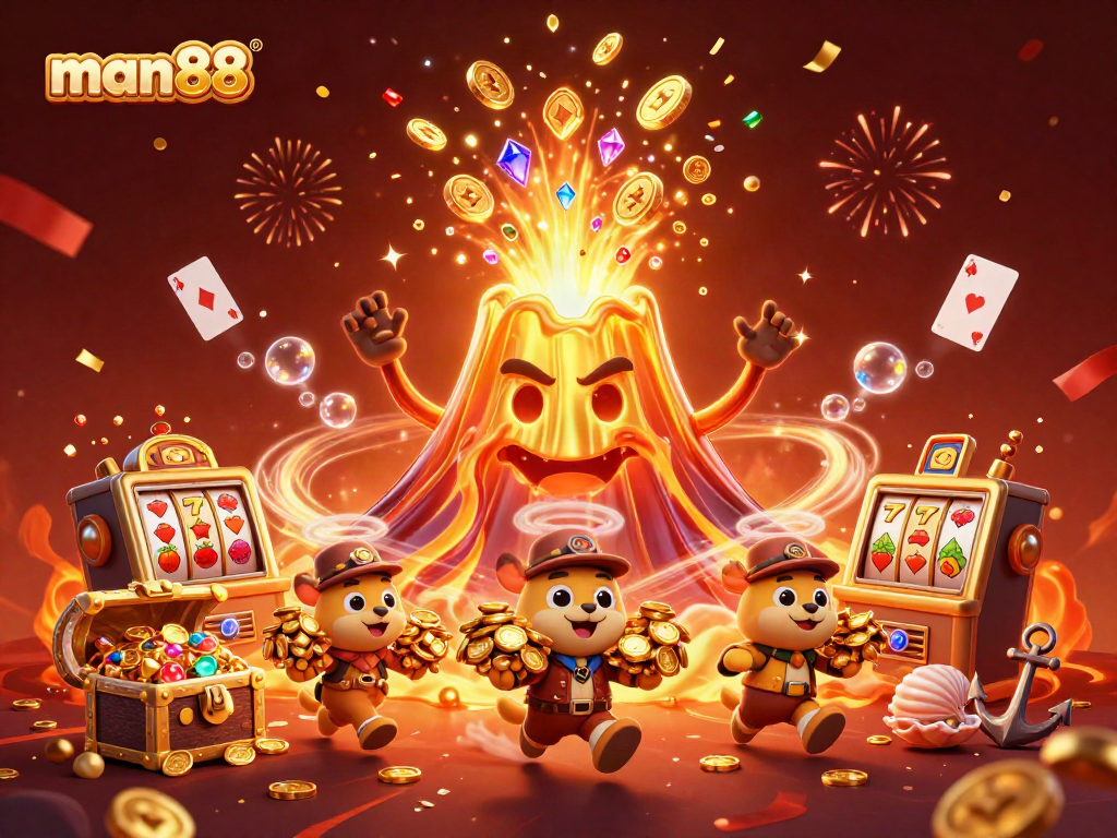 Discover thrilling winnings with man88 at a vibrant, dynamic casino scene featuring a golden volcano and treasure.