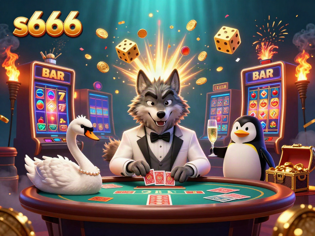 Experience s666 excitement as a debonair wolf plays baccarat, surrounded by slot machine jackpots.