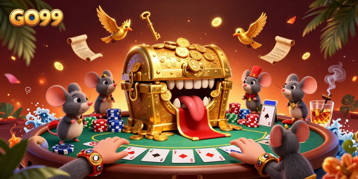 Experience excitement at GO99 casino with vibrant poker scene and treasure chest illustration
