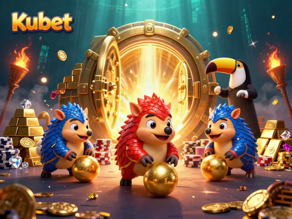 Kubet pangolins compete in a vibrant casino setting, surrounded by gold treasures and dynamic game elements.