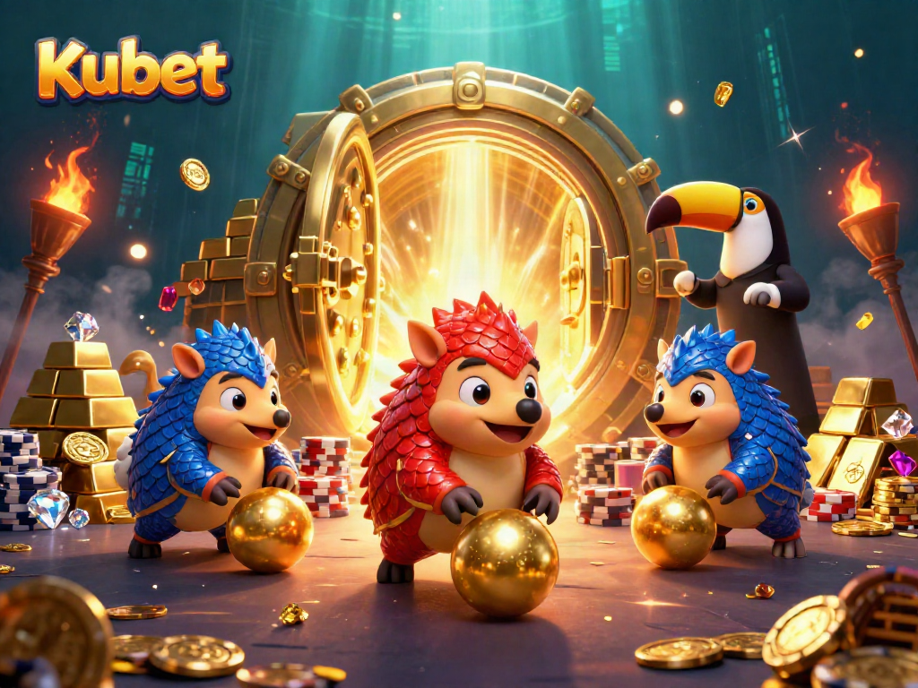 Kubet pangolins compete in a vibrant casino setting, surrounded by gold treasures and dynamic game elements.