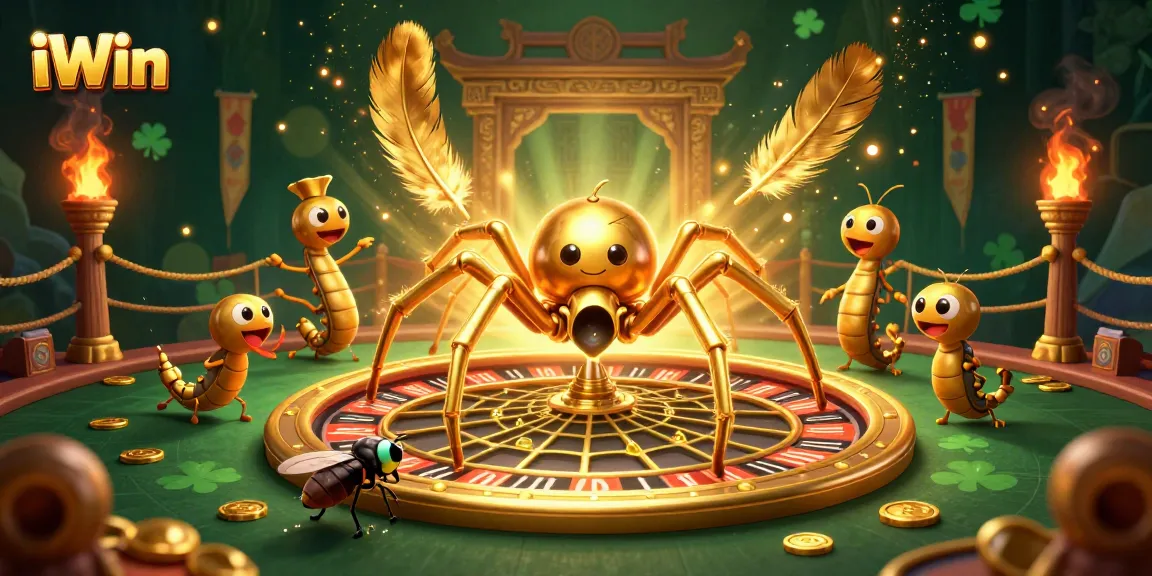 Place bets with iWin as an animated spider spins a roulette web in an engaging casino scene.